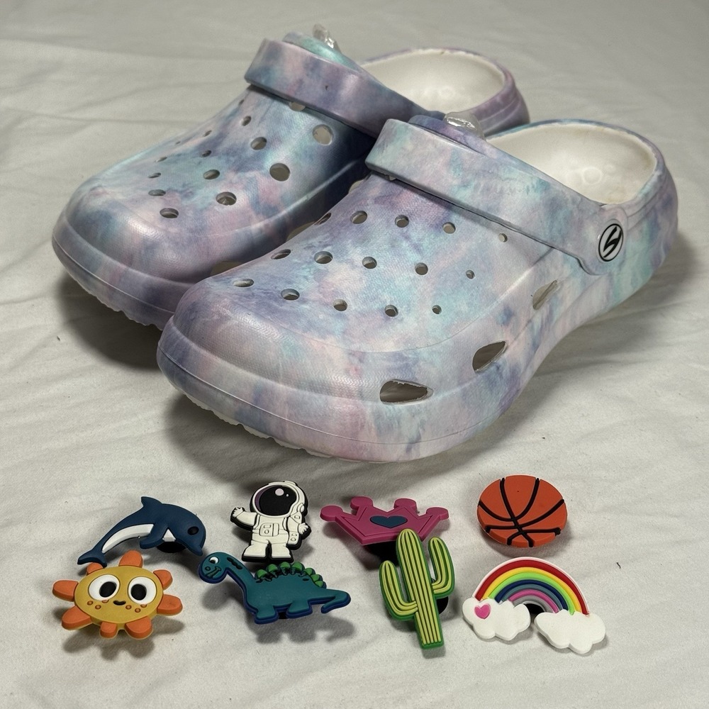 Kids Tie Dye Clogs‎ With Charms Size US 1 EU 33 Slip On Sandals Purple Blue